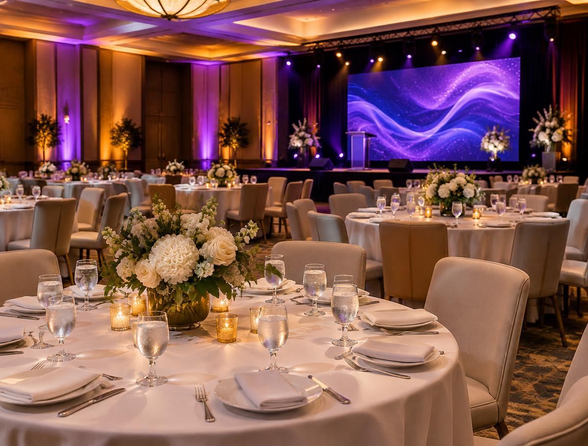 Gala dinner hall with round tables, floral centrepieces and stage screen