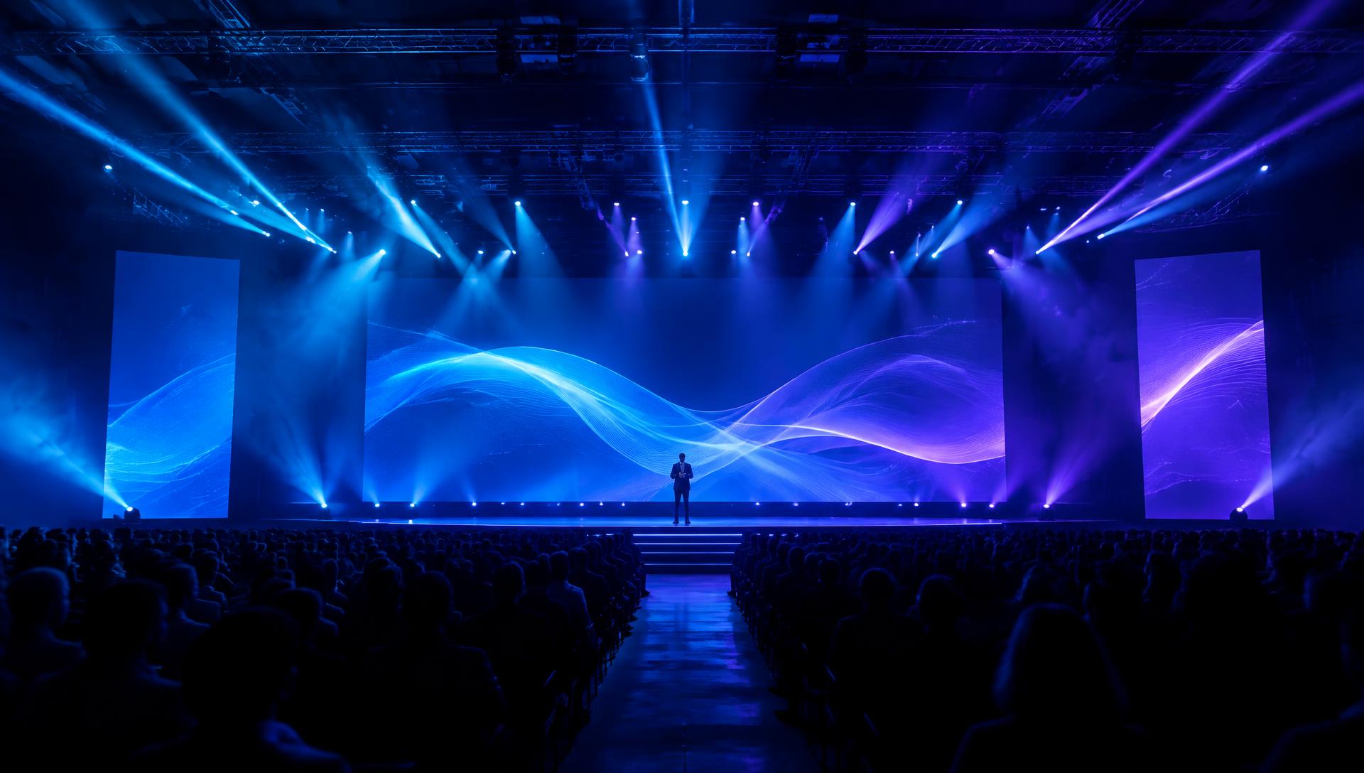 Concert-style stage with cyan and violet lighting beams over an empty event hall